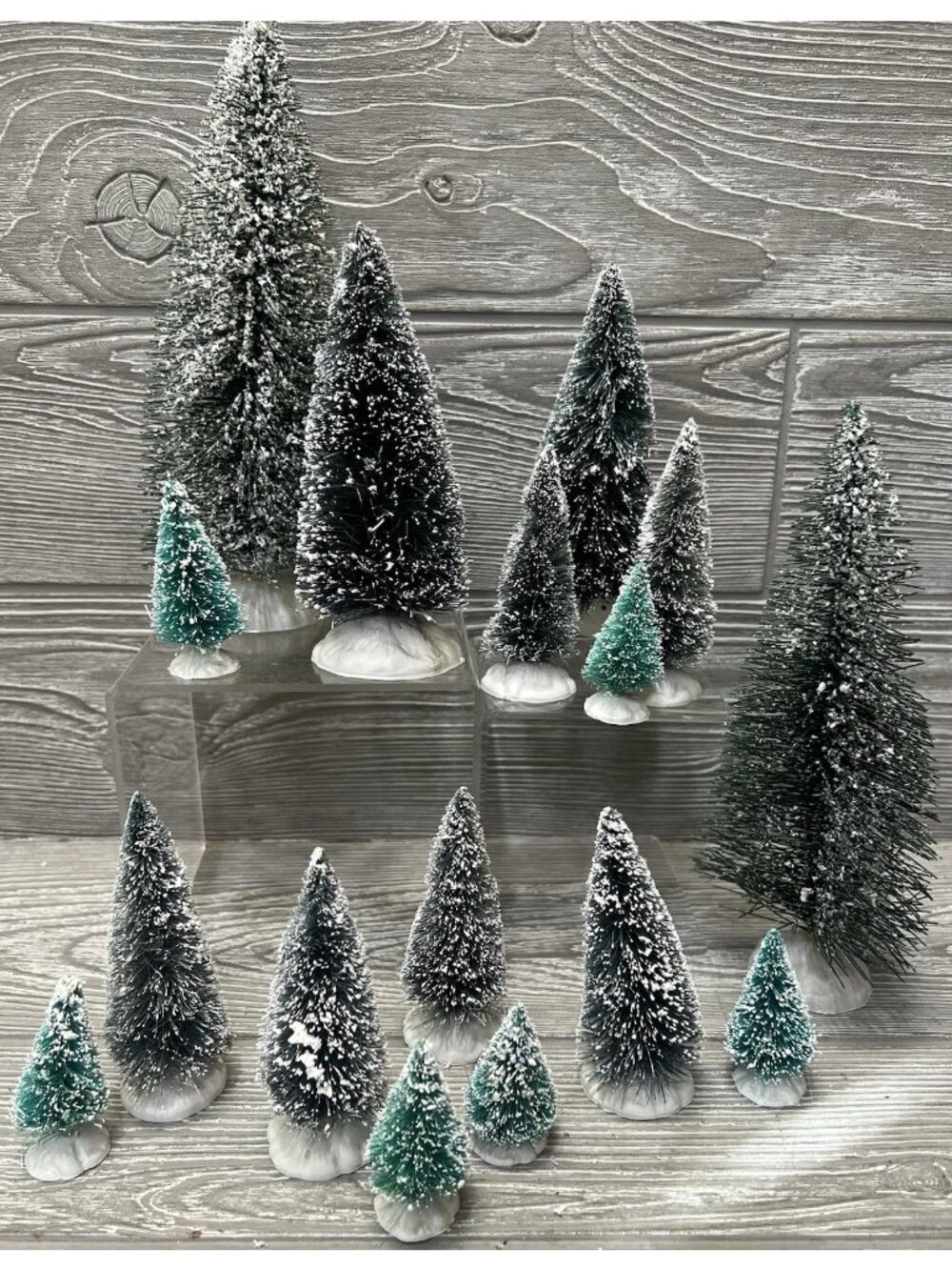 Bottle Brush Flocked Pine Christmas Trees Lot of 16 Various Sizes 2.25”-9”